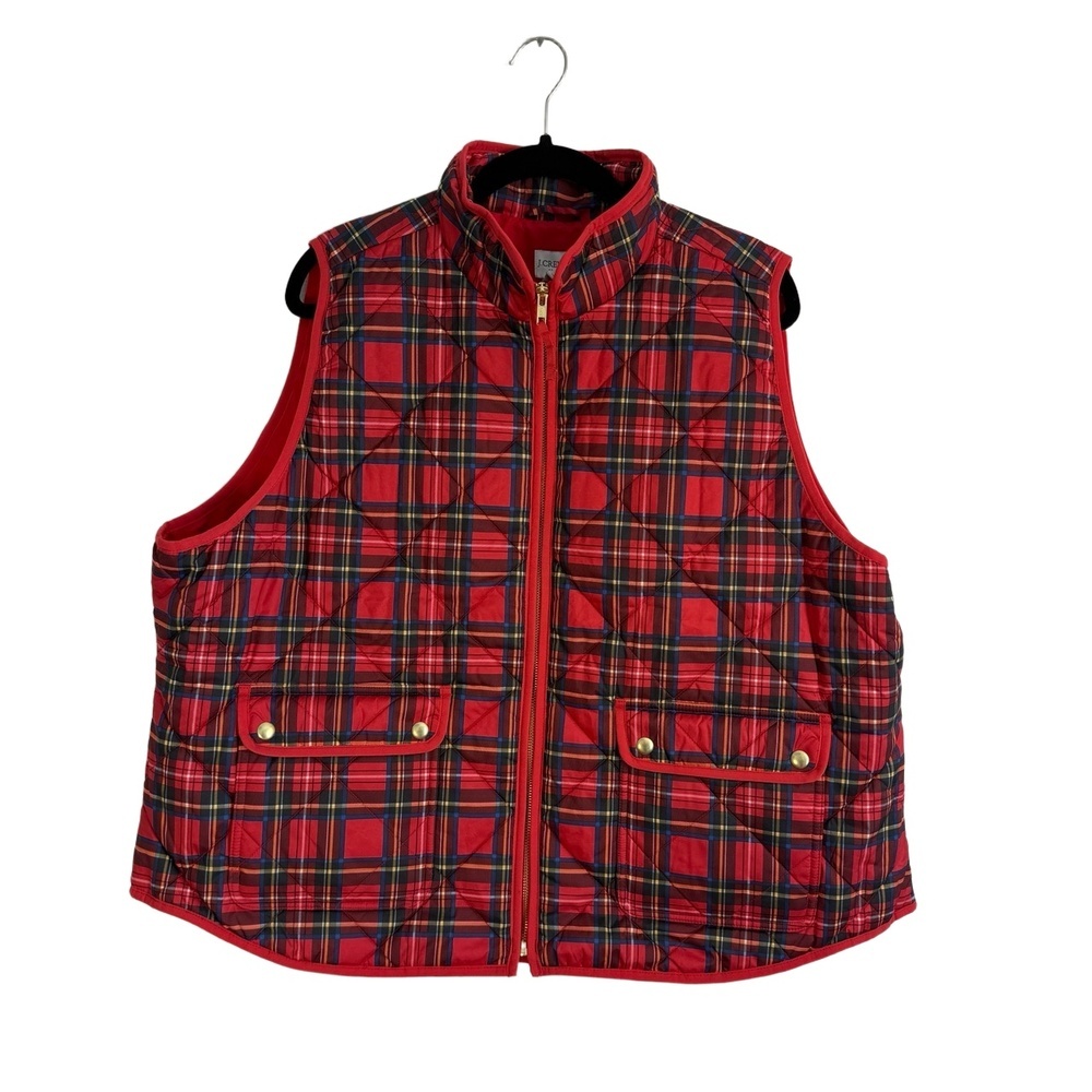 J.Crew 3X Red Plaid Puffer Vest Zip Front Sleeveless Gold Buttons Preppy Classic